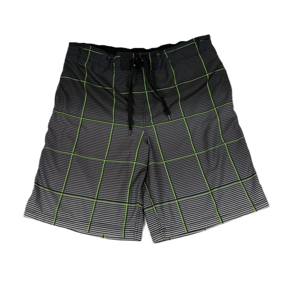OP Board Shorts Mens Large Black Neon Green Stripe Zipper Pocket Drawstring READ